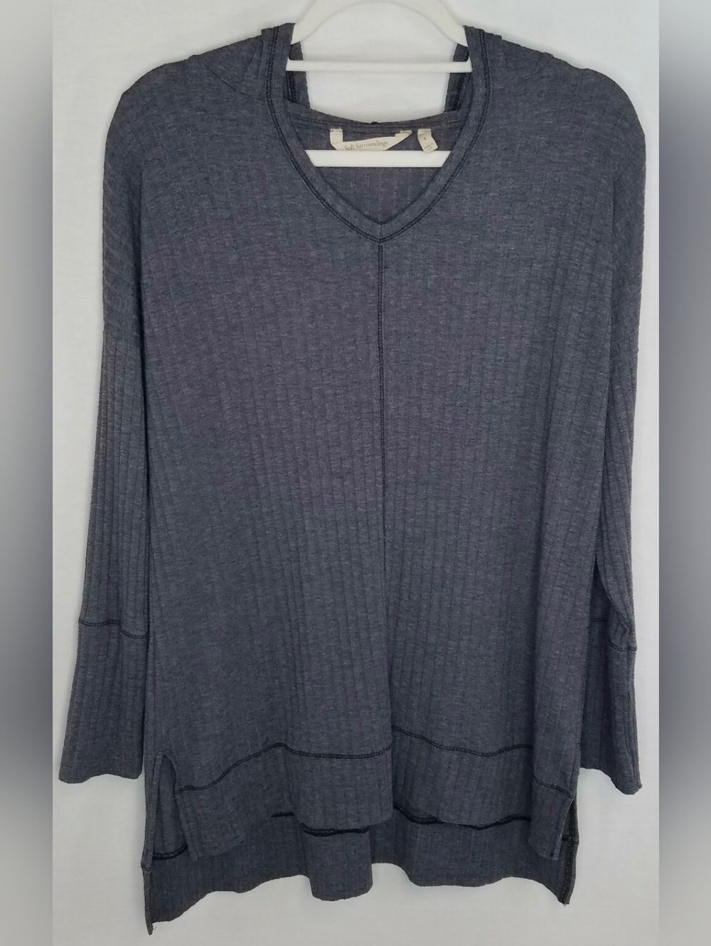 Soft Surroundings Charcoal Ribbed V-Neck Tunic Pullover Hoodie Top, Sz L! 🍁